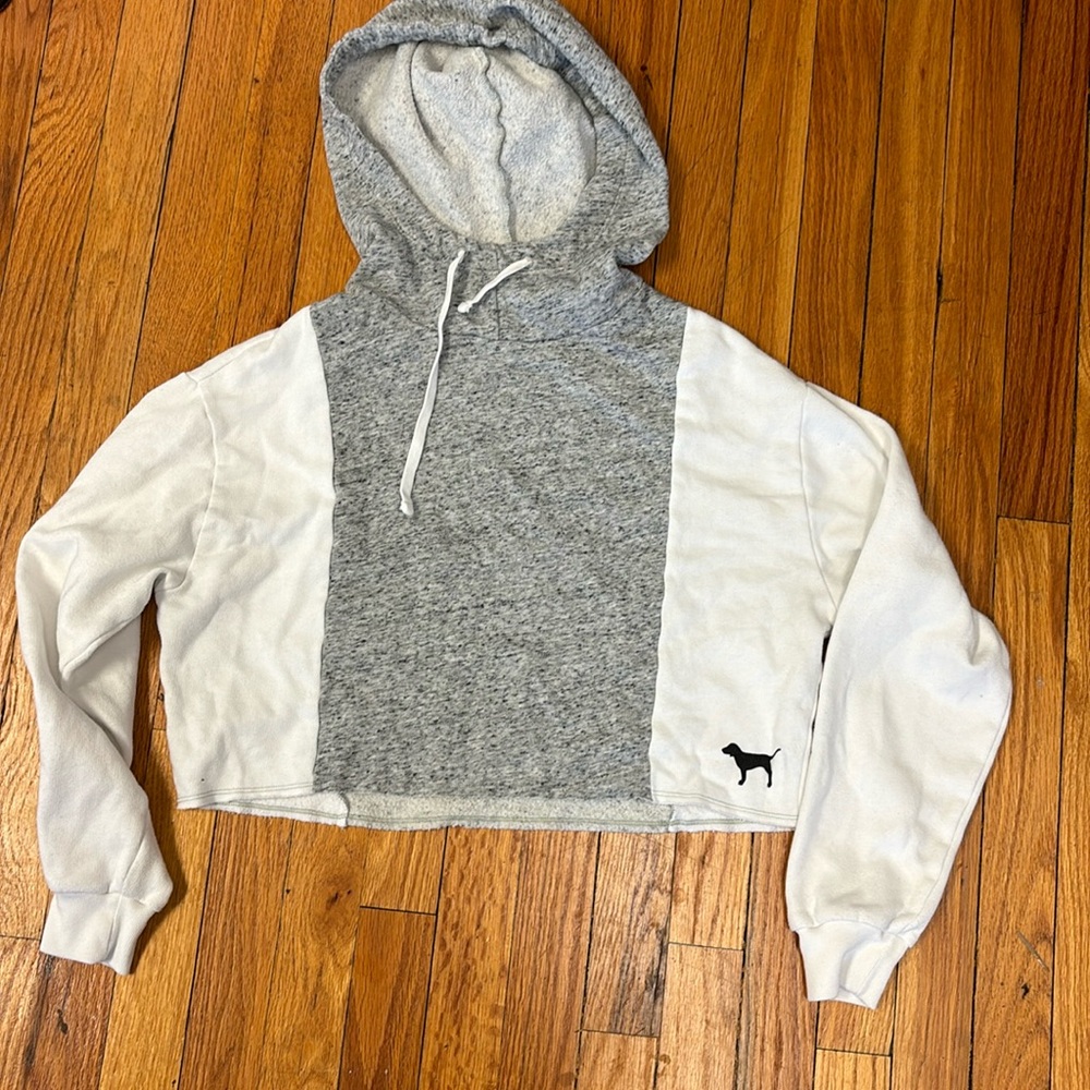 Pink Grey and white cropped hooded sweatshirt xs